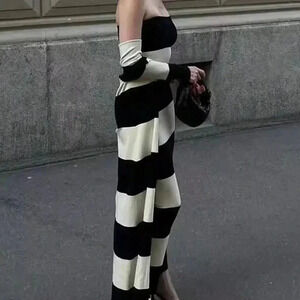 Black And White Elegant Women's Knit Mix British Style Black & White Striped Lon
